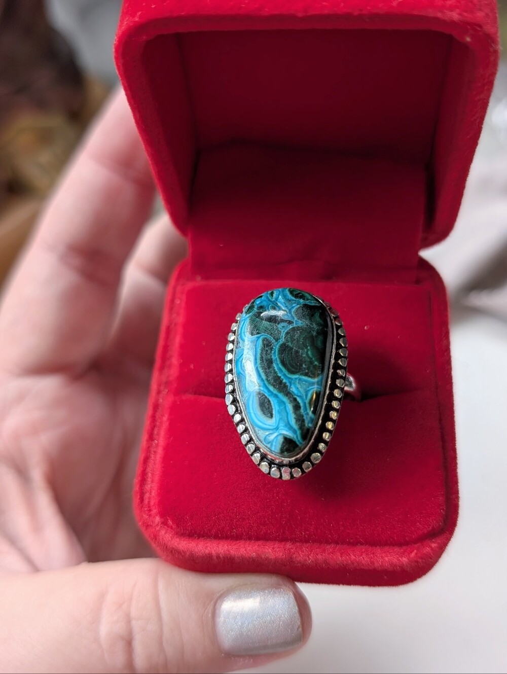 Vintage Handcrafted Sterling Silver Azurite In Malachite Teardrop Ring Size 9.25